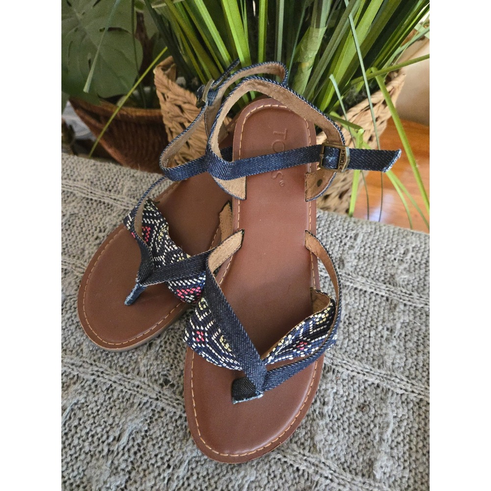 TOMS Lexie Denim Geometric Woven Ankle Strap Flat Sandals Blue Womens Size 6